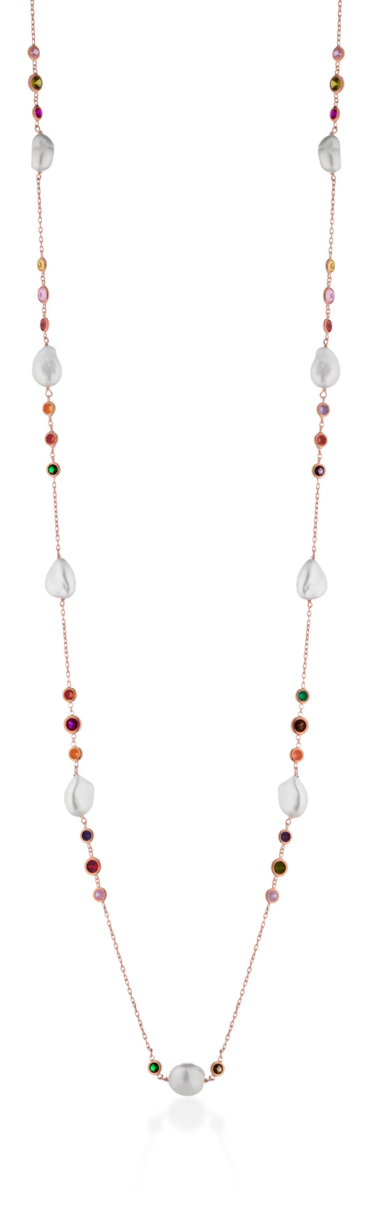 LELUNE - Collana Argento Lunga con Perle Barocche e Zirconi Multicolor